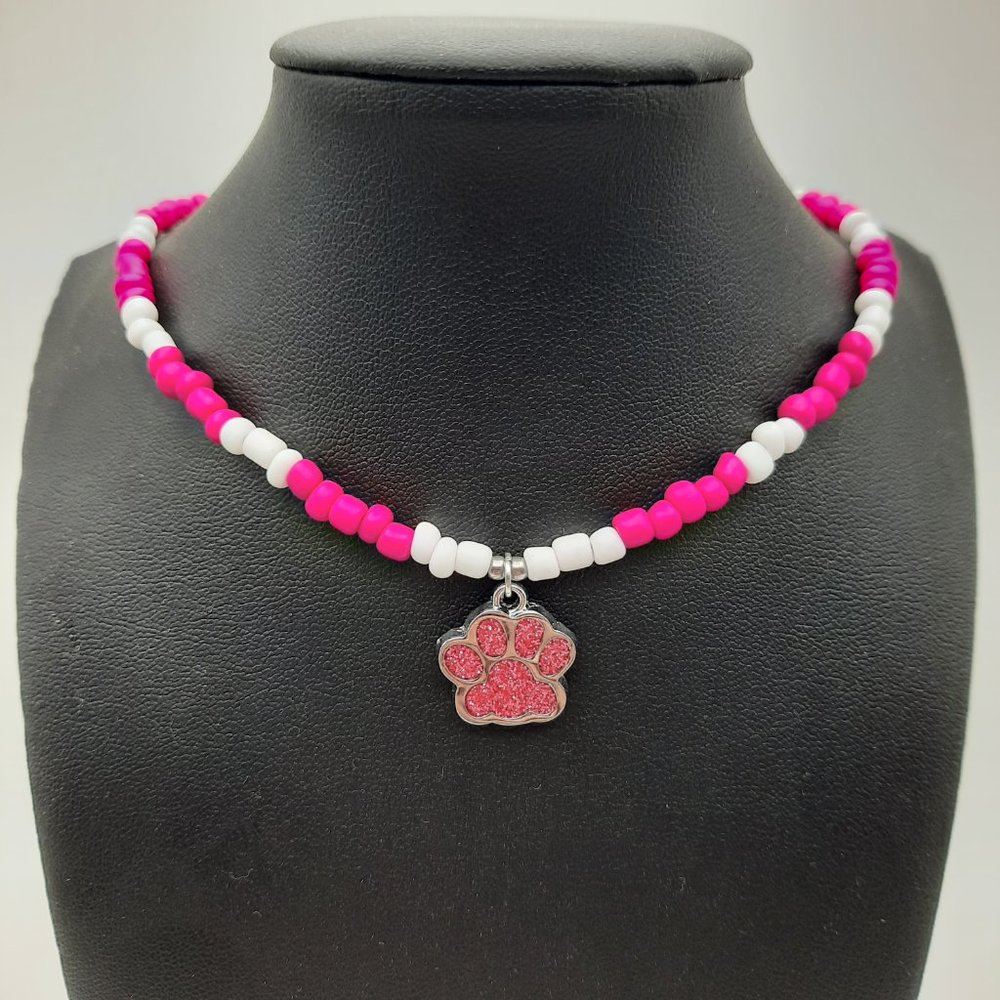 Paw Print Animal Lover Pink White Collar Chain Necklace Handmade Jewelry